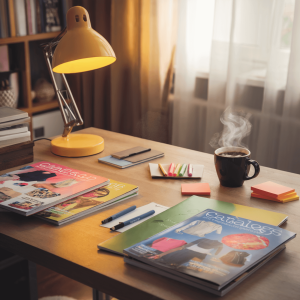 Stacks of print catalogs adorn a cozy home office desk.